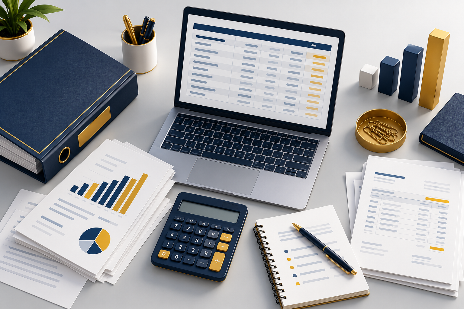 Ilustración de registros contables, facturas y control financiero